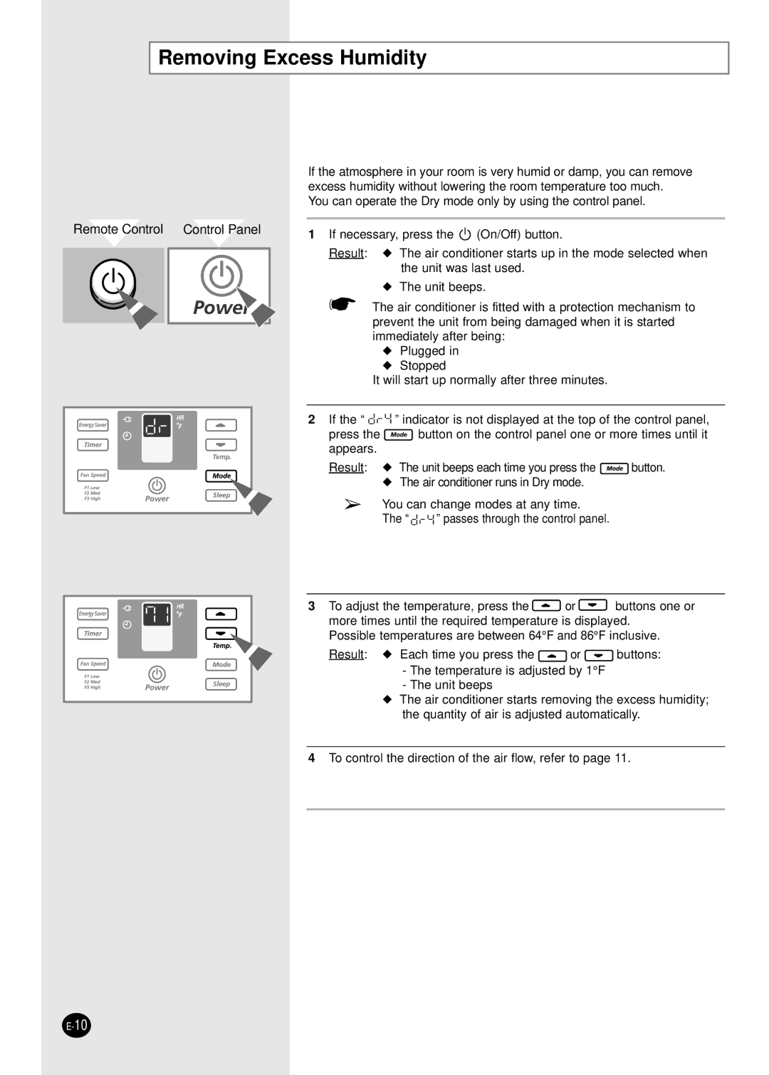 Samsung AW0501B manual Removing Excess Humidity, Remote Control Control Panel 