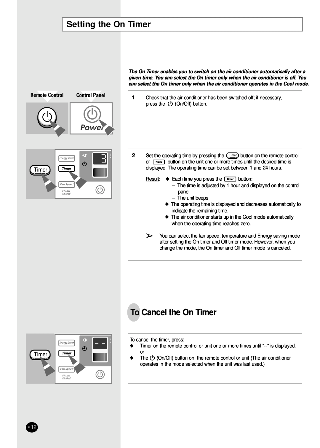 Samsung AW0501B manual Setting the On Timer, To Cancel the On Timer, Remote Control, Control Panel 