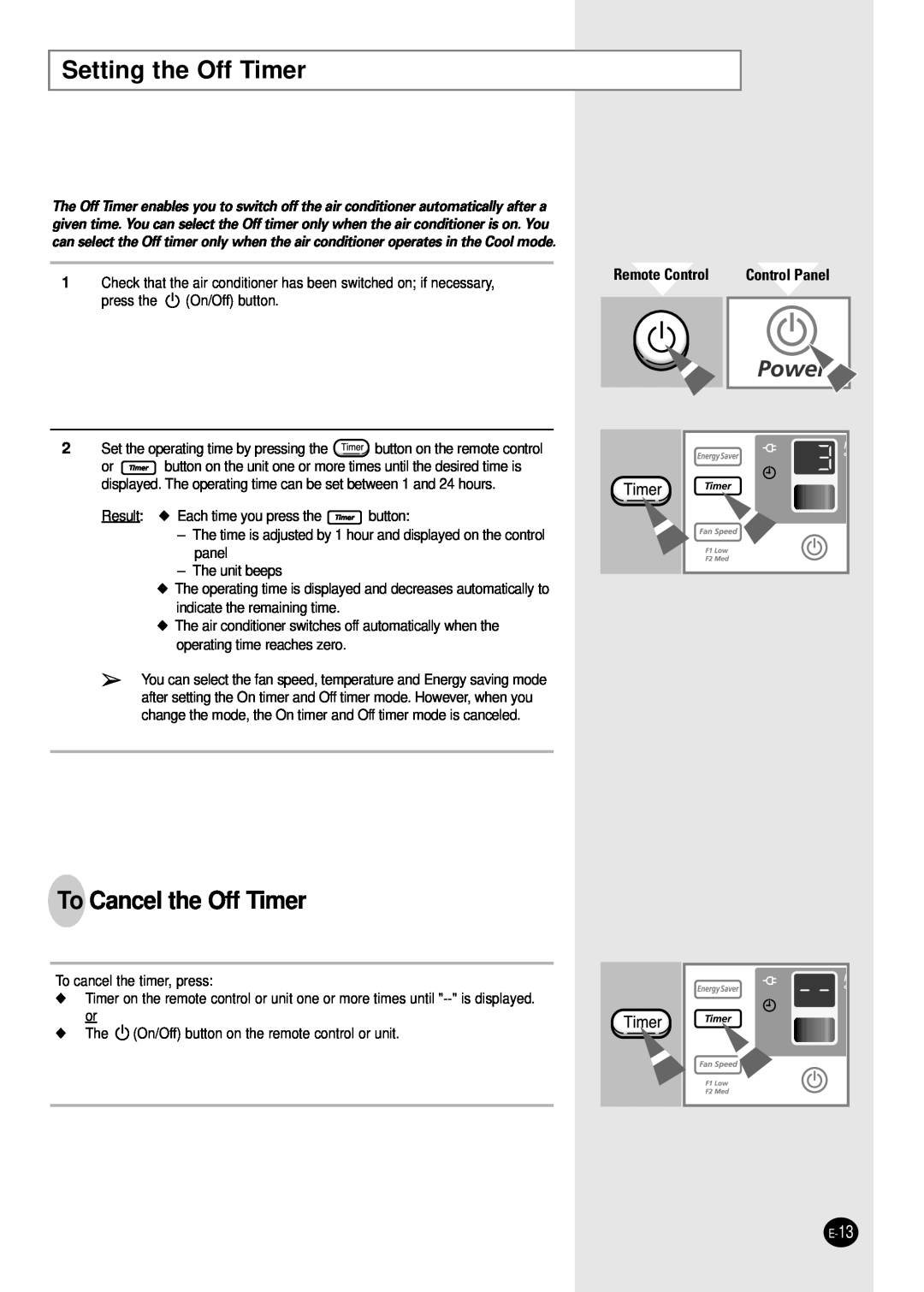 Samsung AW0501B manual Setting the Off Timer, To Cancel the Off Timer, Control Panel, Remote Control 