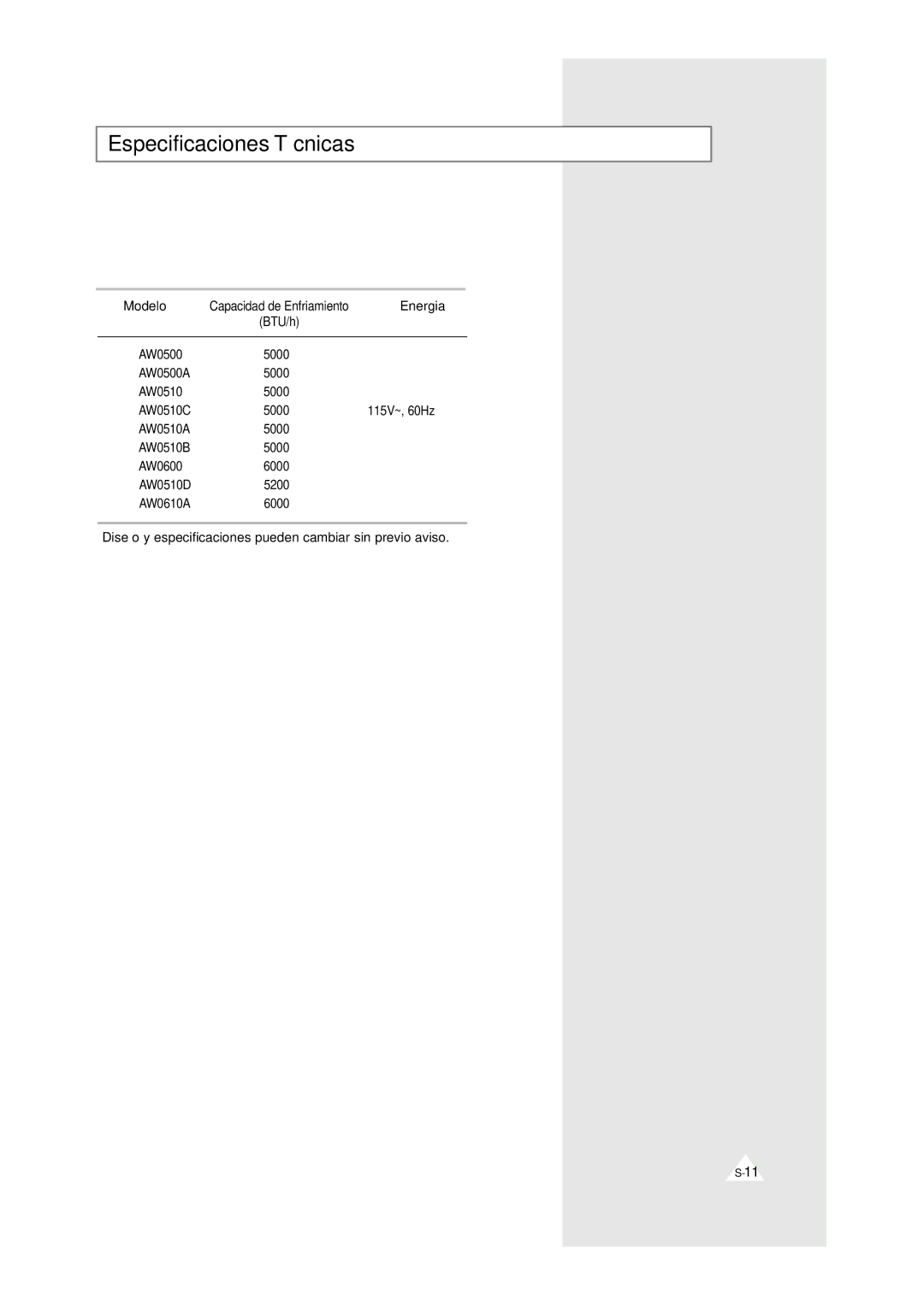 Samsung AW0510C, AW0500A manual Especificaciones Técnicas 