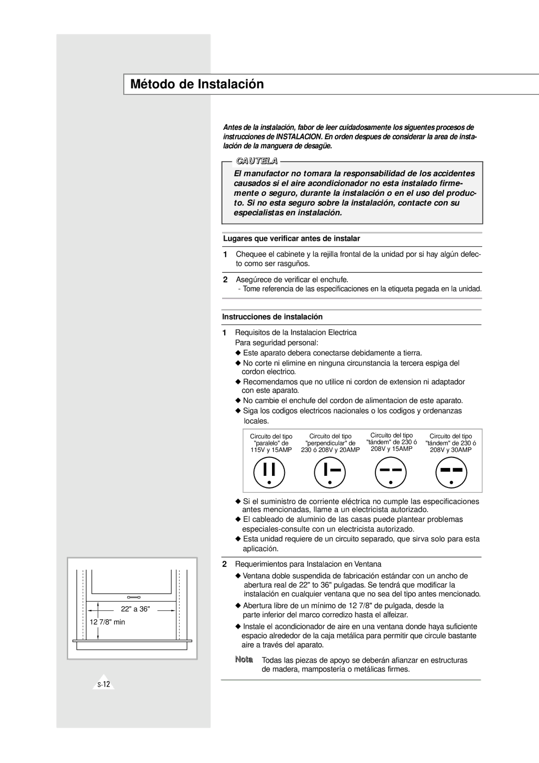 Samsung AW0510C, AW0500A manual Método de Instalación, Lugares que verificar antes de instalar 