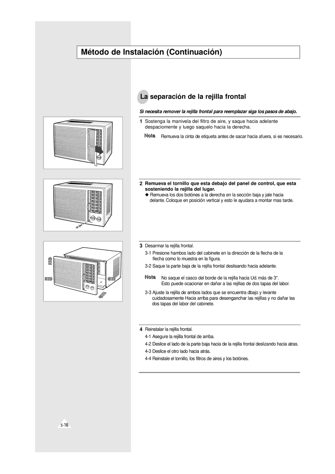 Samsung AW0510C, AW0500A manual La separació n de la rejilla frontal 