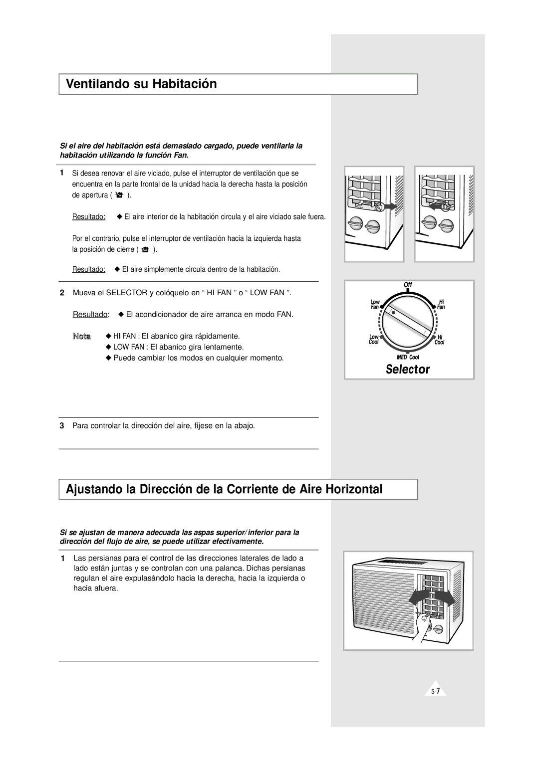 Samsung AW0510C, AW0500A manual Ventilando su Habitación, Ajustando la Dirección de la Corriente de Aire Horizontal 