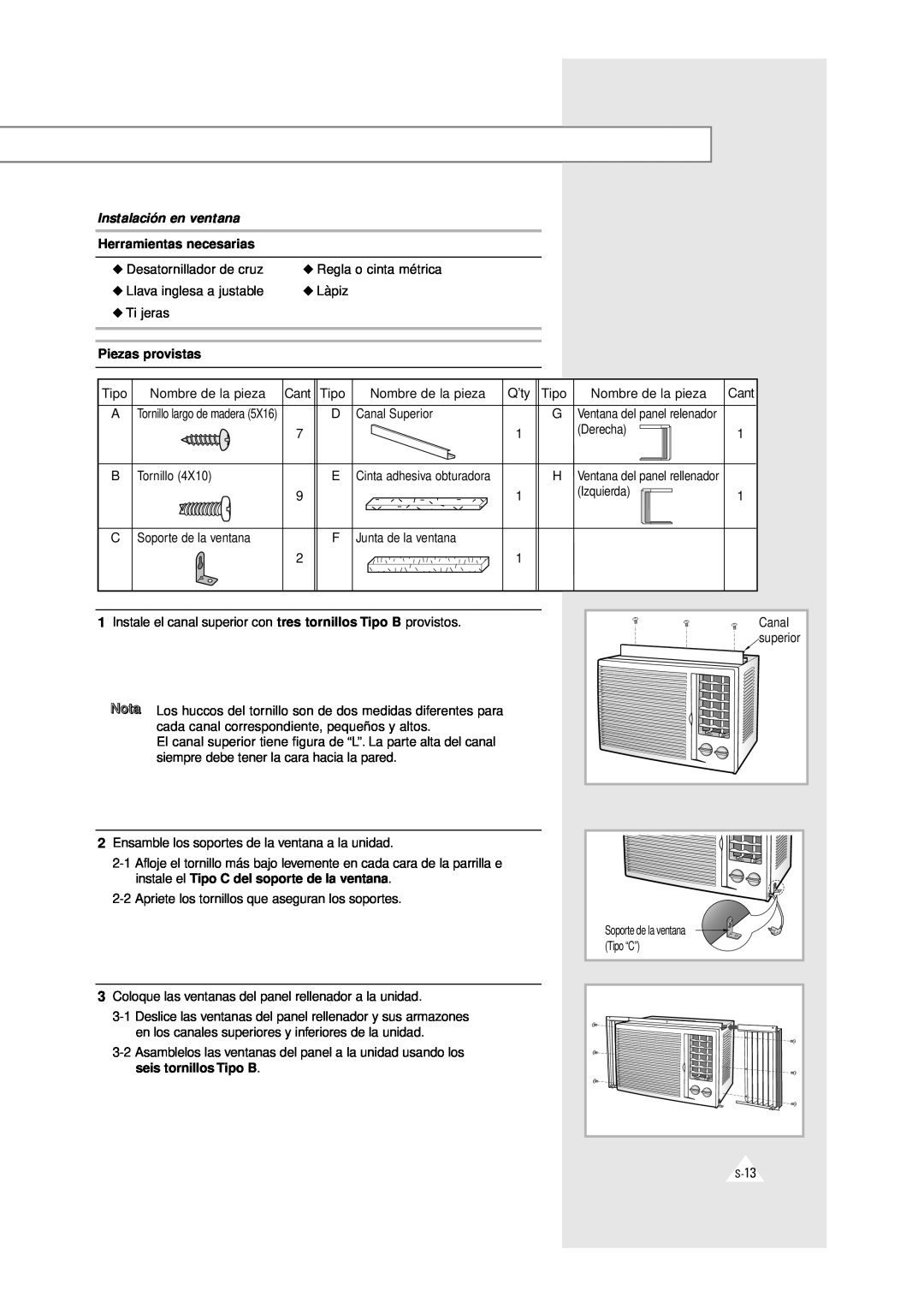 Samsung AW0510C, AW0500A manual Instalación en ventana, Herramientas necesarias, Piezas provistas 