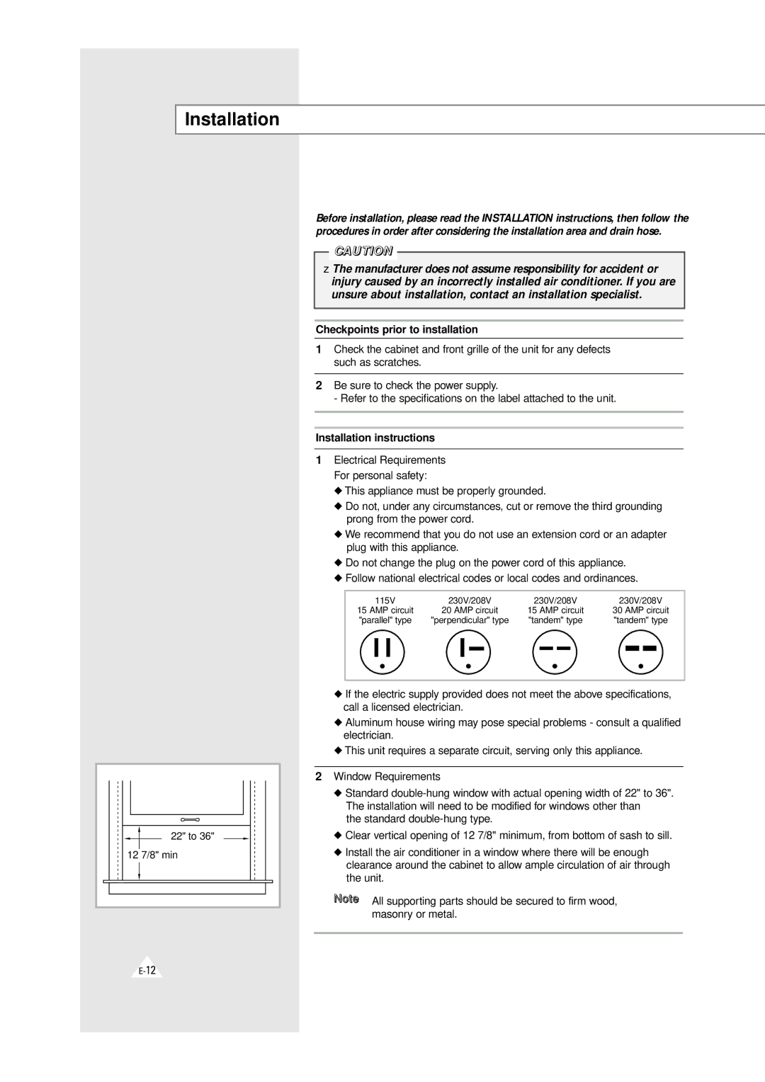 Samsung AW0610A, AW0510D, AW0510B, AW0510A, AW0600 manual Installation, 12 7/8 min 