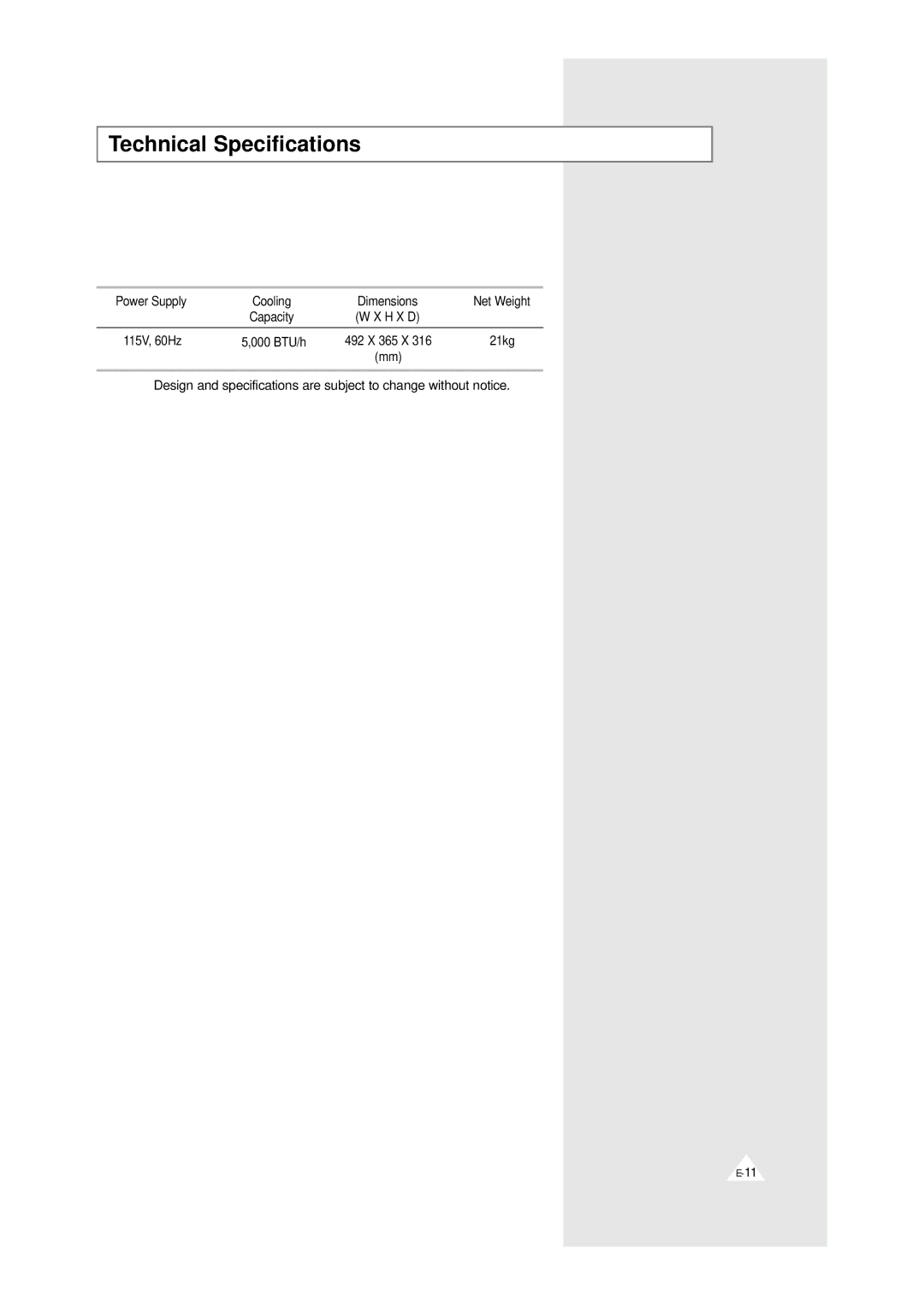 Samsung AW0529 manual Technical Specifications 