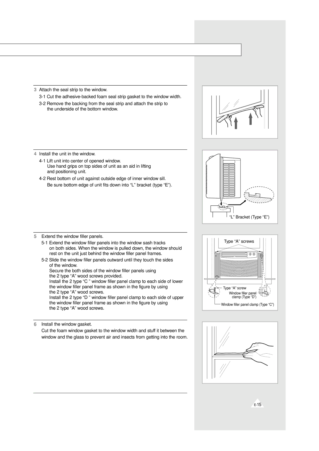 Samsung AW0529 manual type a wood screws Install the window gasket 