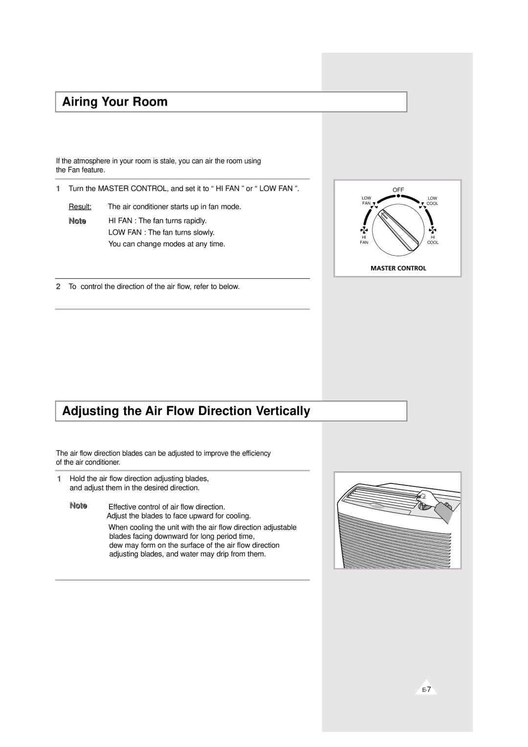 Samsung AW0529 manual Airing Your Room, Adjusting the Air Flow Direction Vertically 