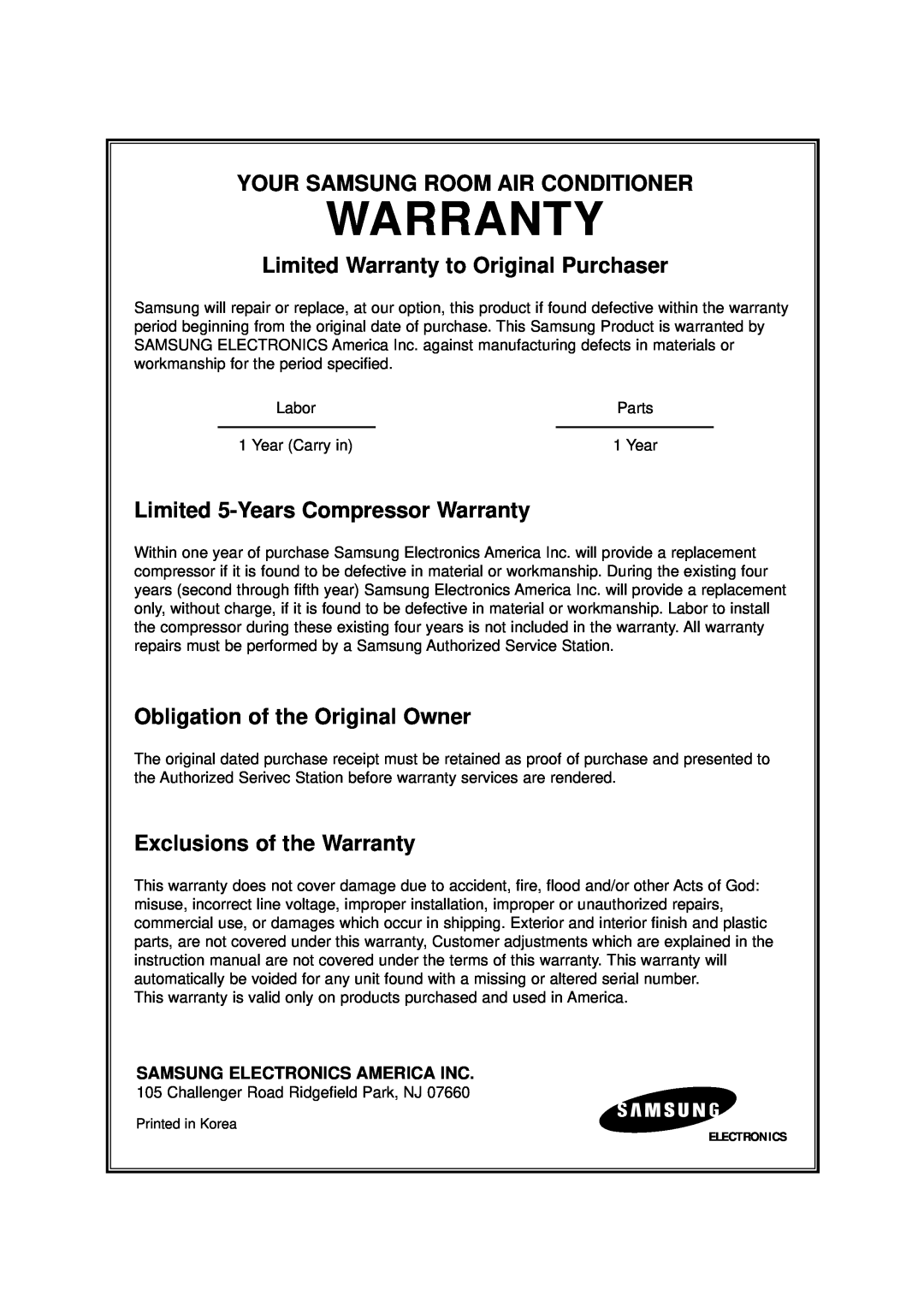 Samsung AW0529 manual Limited 5-YearsCompressor Warranty, Obligation of the Original Owner, Exclusions of the Warranty 