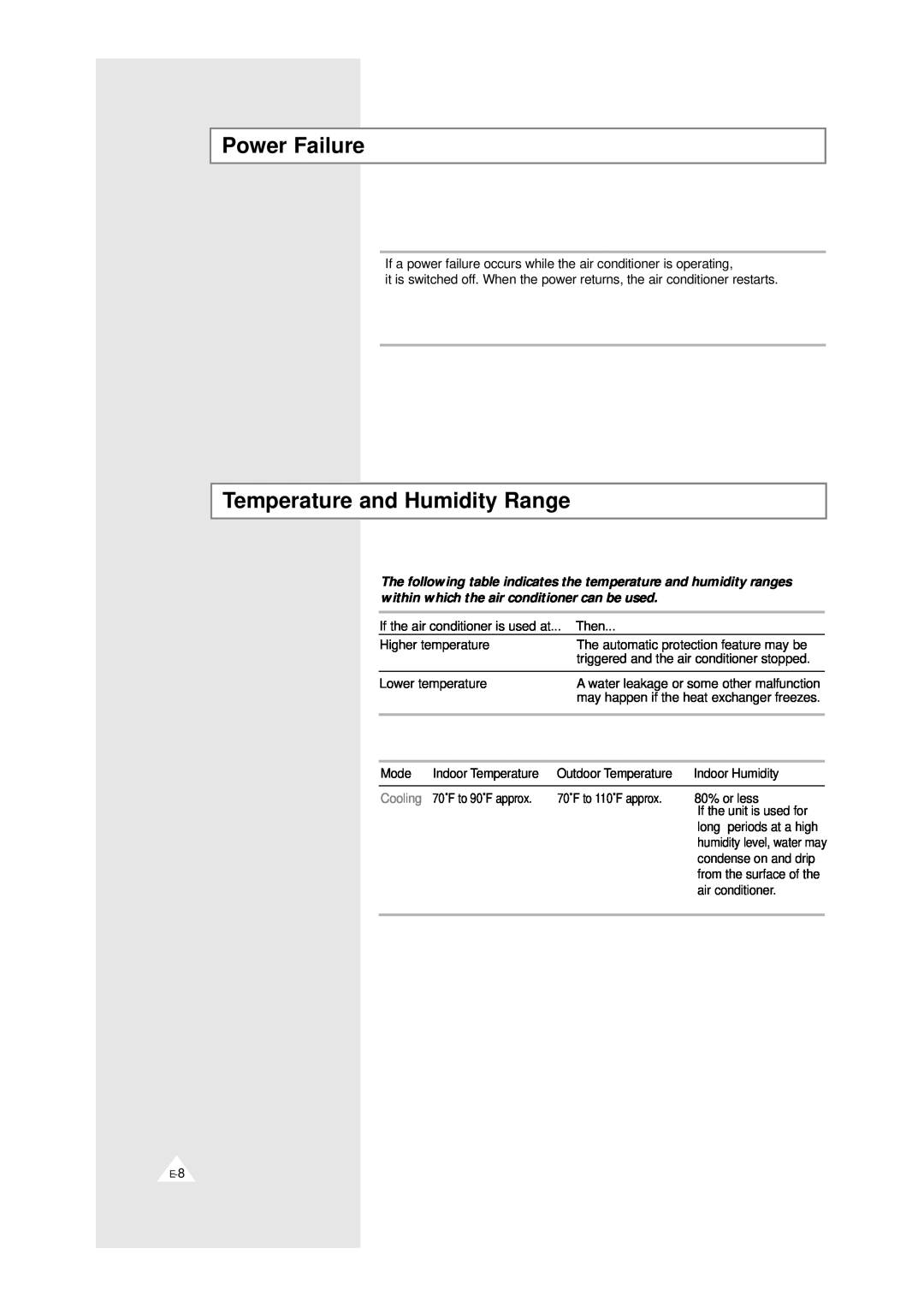 Samsung AW0529 manual Power Failure, Temperature and Humidity Range, Cooling 