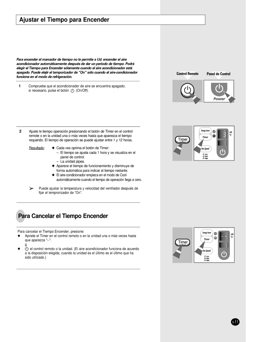 Samsung AW0660A Ajustar el Tiempo para Encender, Para Cancelar el Tiempo Encender, Funcione en el modo de refrigeración 