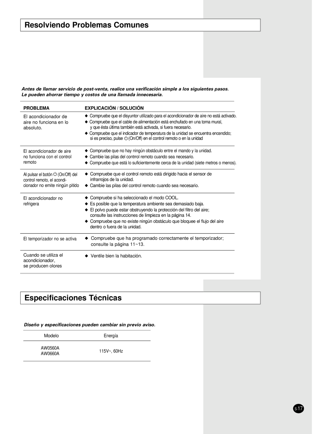 Samsung AW0660A, AW0560A manual Resolviendo Problemas Comunes, Especificaciones Técnicas 