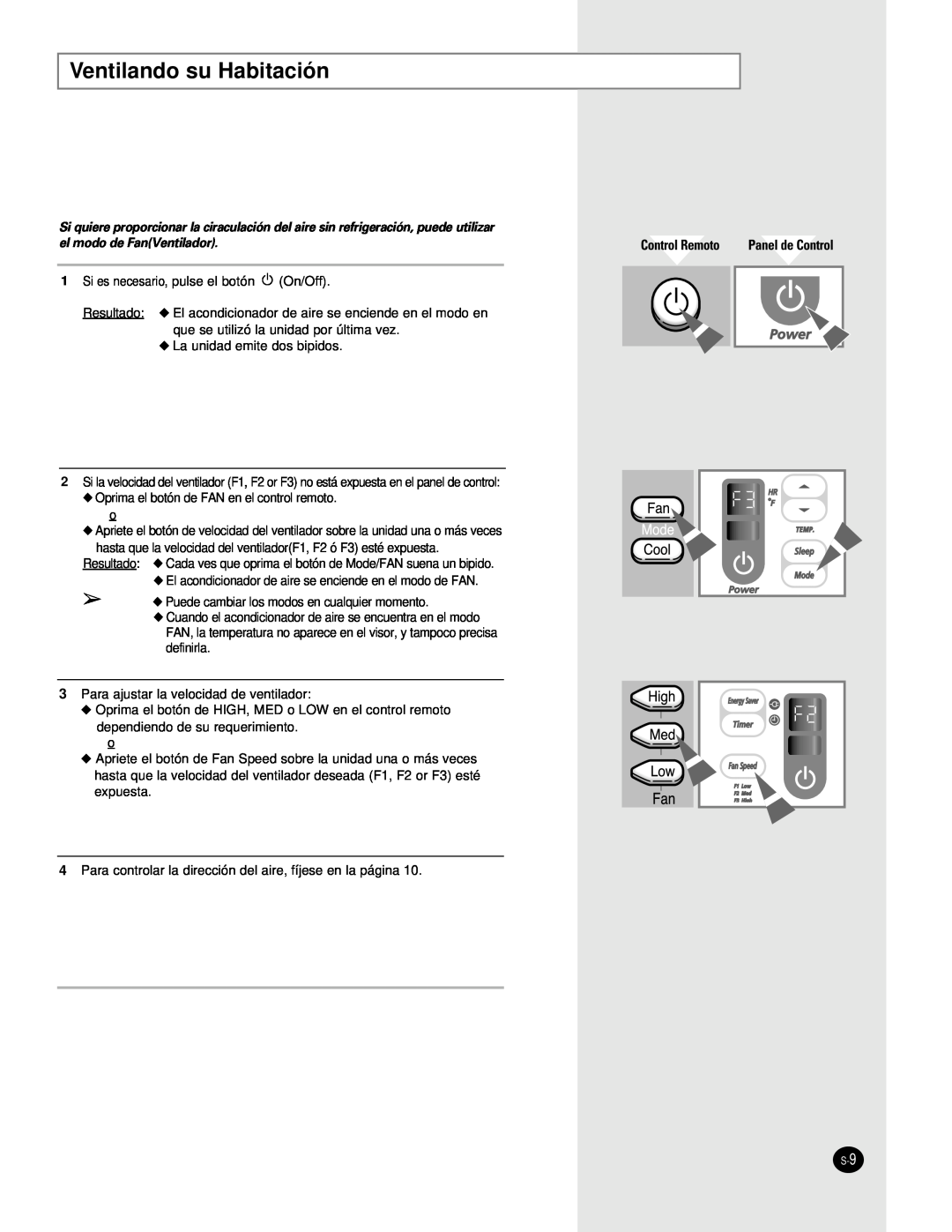 Samsung AW0660A, AW0560A manual Ventilando su Habitación, Control Remoto, el modo de FanVentilador 