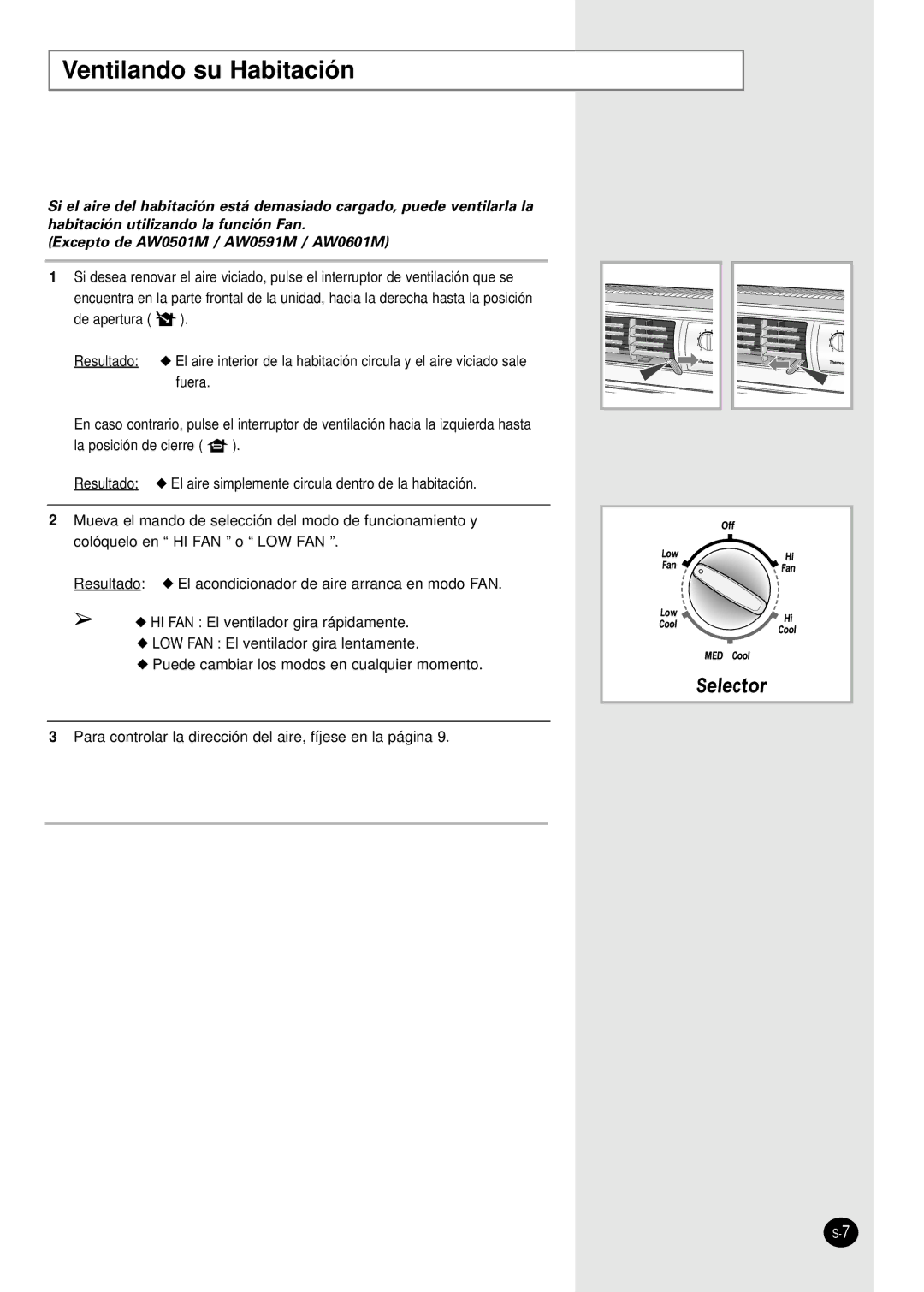 Samsung AW0801M, AW0591M, AW1201M, AW1801M, AW1291M, AW1001M, AW1091M, AW0891M, AW0601M, AW0501M manual Ventilando su Habitación 