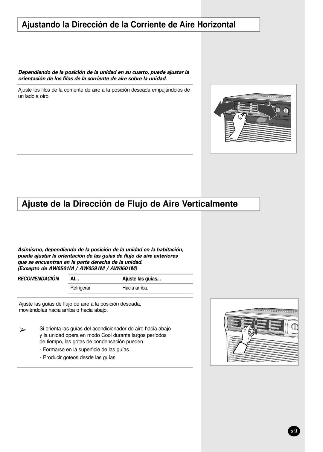 Samsung AW0501M, AW0591M, AW1201M, AW1801M manual Ajustando la Direcció n de la Corriente de Aire Horizontal, Ajuste las guías 