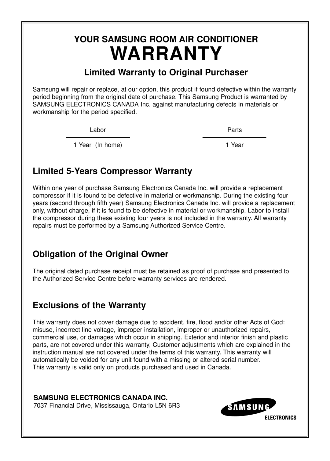 Samsung AW0595M Limited Warranty to Original Purchaser, Limited 5-Years Compressor Warranty, Exclusions of the Warranty 