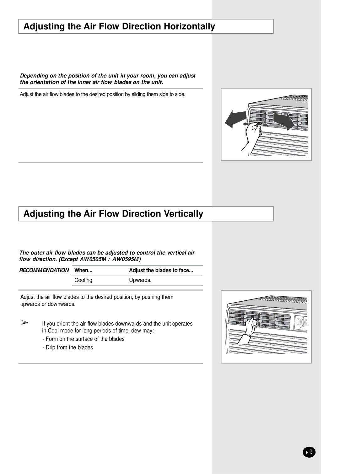 Samsung AW0595M manual Adjusting the Air Flow Direction Horizontally, Adjusting the Air Flow Direction Vertically 