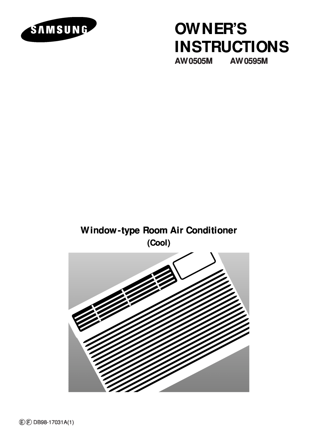 Samsung manual Owner’S Instructions, Window-typeRoom Air Conditioner, AW0505M AW0595M, Cool, E F DB98-17031A1 