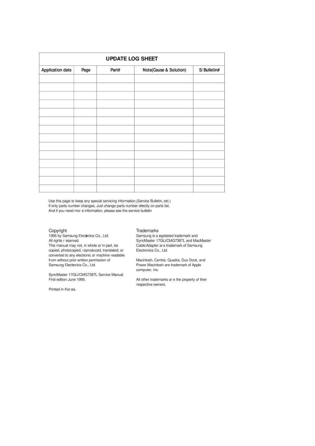 Samsung AW05B05A(AW0500 specifications Update LOG Sheet 