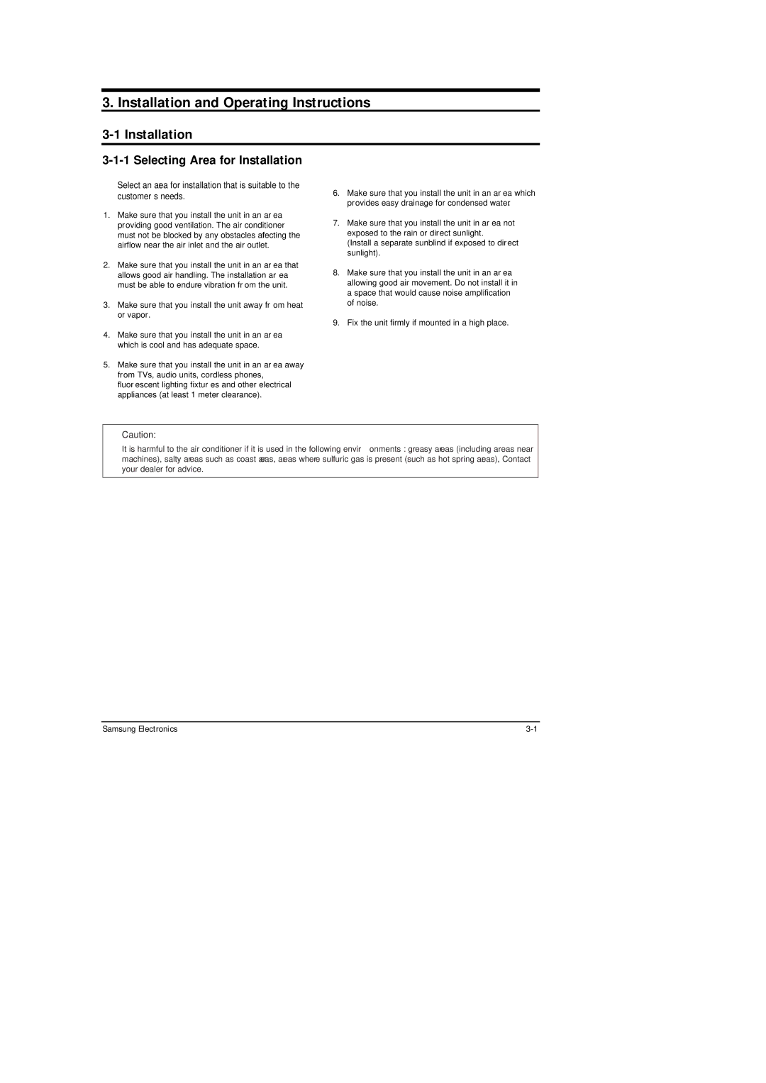 Samsung AW05B05A(AW0500 specifications Installation and Operating Instructions, Selecting Area for Installation 