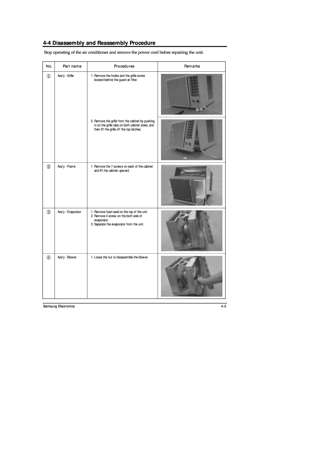 Samsung AW05B05A(AW0500 4-4Disassembly and Reassembly Procedure, Samsung Electronics, Part name, Procedures, Remarks 