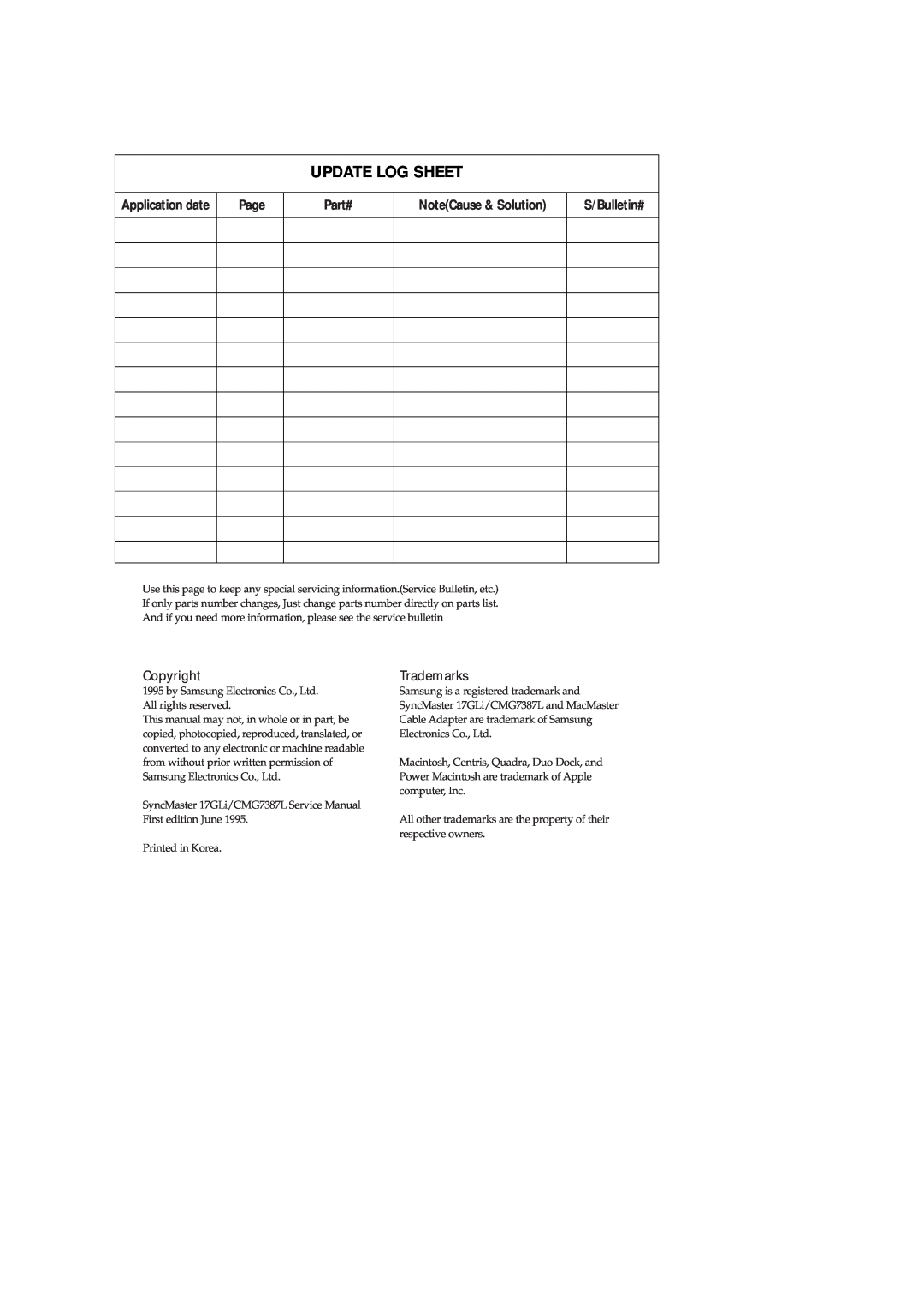 Samsung AW05B05A(AW0500 Update Log Sheet, Copyright, Trademarks, Application date, Page, Part#, NoteCause & Solution 