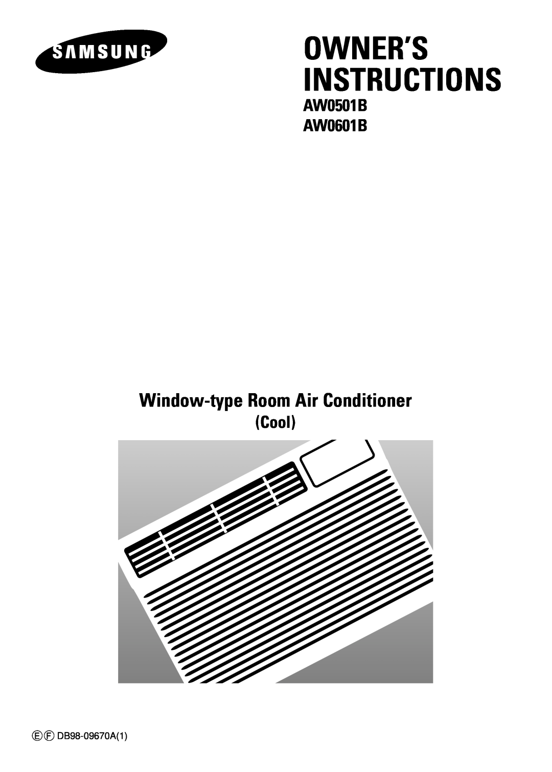 Samsung manual Owner’S Instructions, Window-typeRoom Air Conditioner, AW0501B AW0601B, Cool 