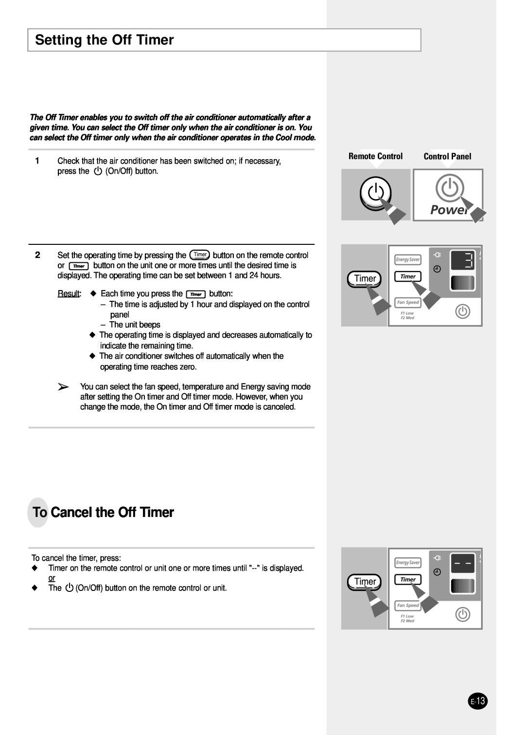 Samsung AW0601B manual Setting the Off Timer, To Cancel the Off Timer, Control Panel, Remote Control 