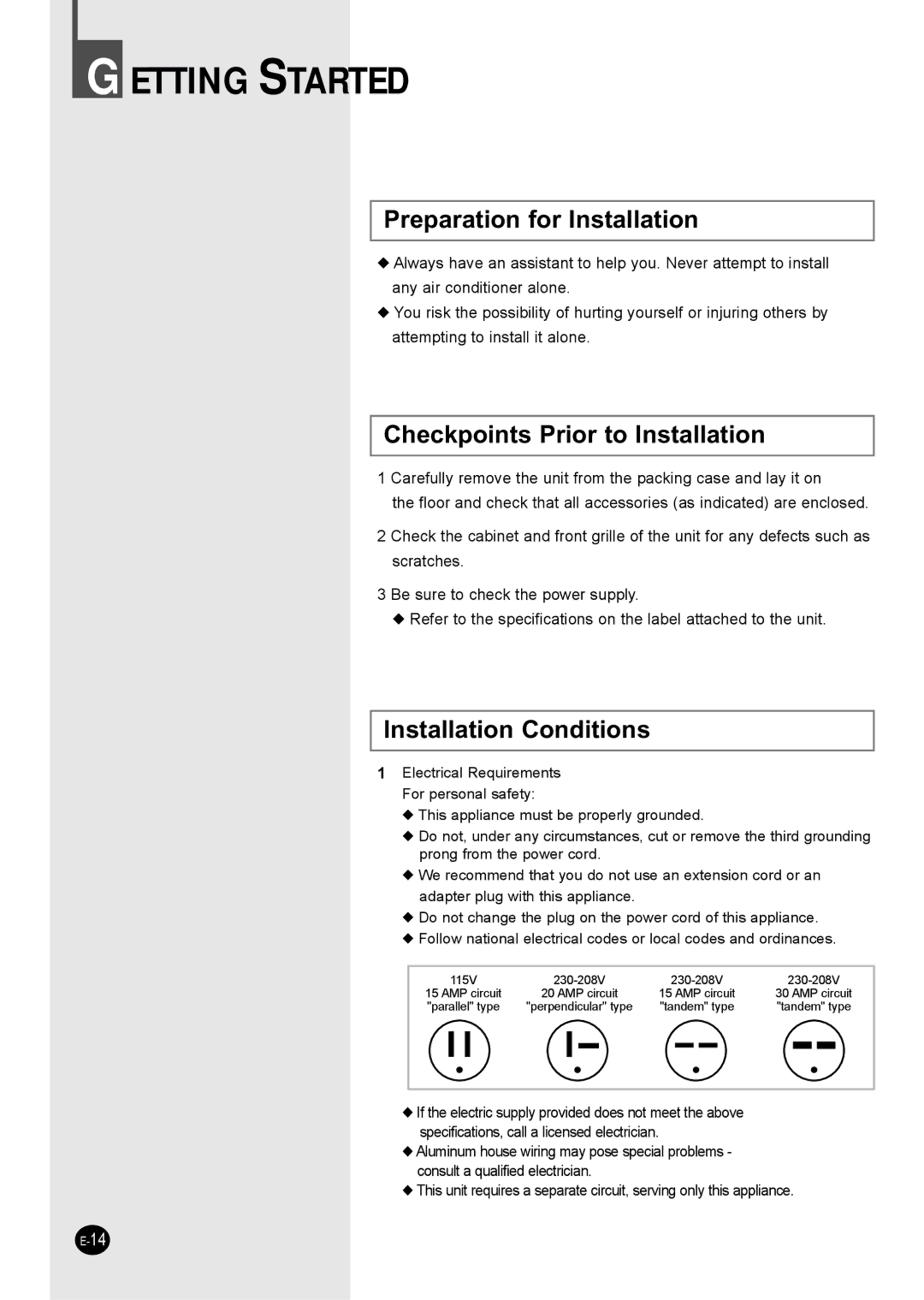 Samsung AW060CM, AW050CM manual Preparation for Installation, Checkpoints Prior to Installation, Installation Conditions 