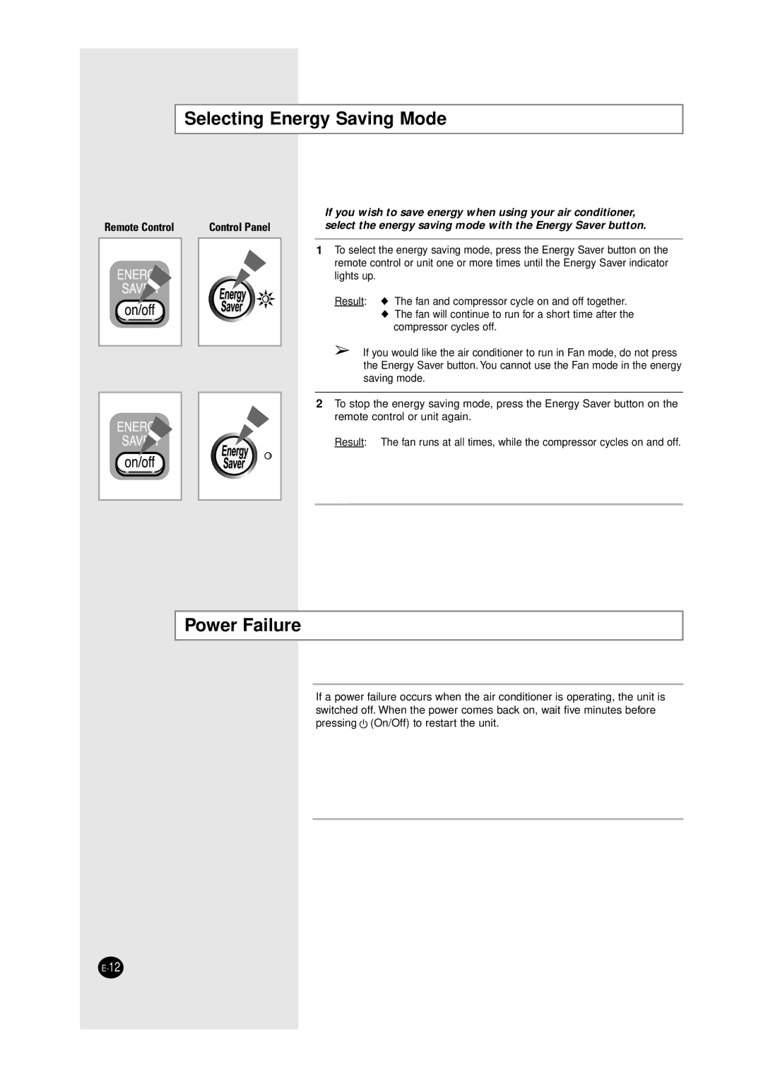 Samsung AW0690, AW1290, AW1090, AW0890 manual Selecting Energy Saving Mode, Power Failure 