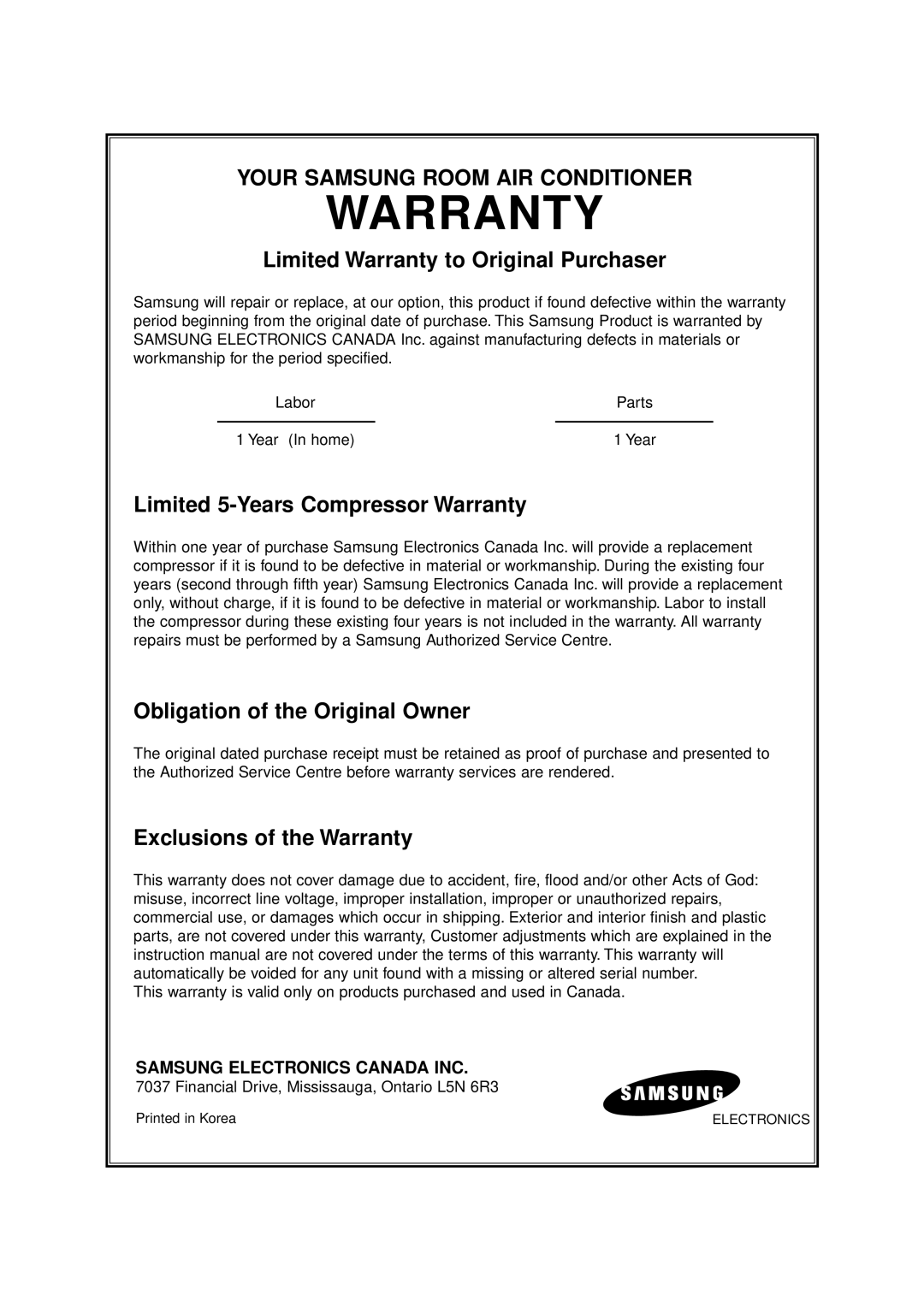 Samsung AW0690 Limited Warranty to Original Purchaser, Limited 5-Years Compressor Warranty, Exclusions of the Warranty 