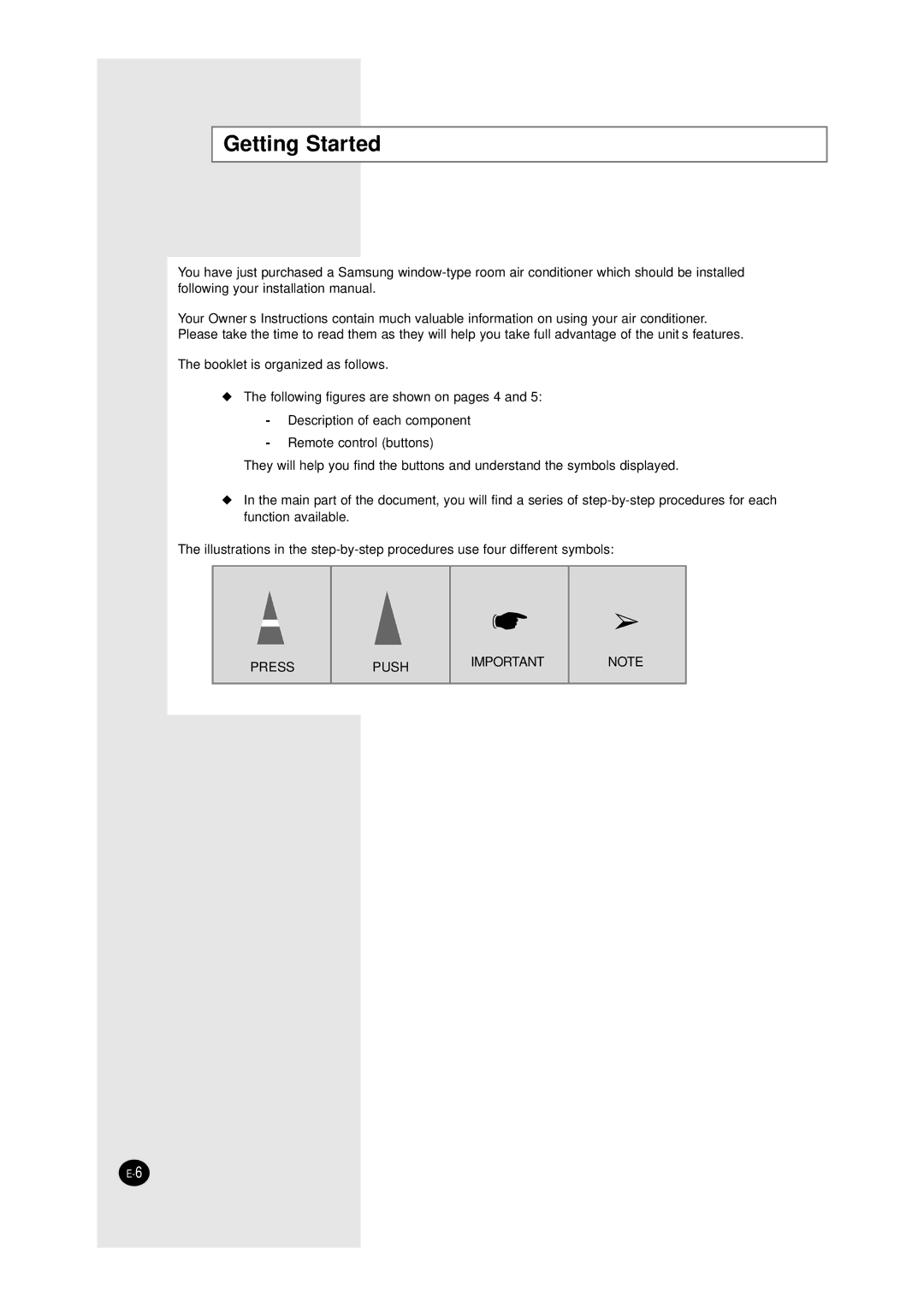 Samsung AW1090, AW0690, AW1290, AW0890 manual Getting Started 