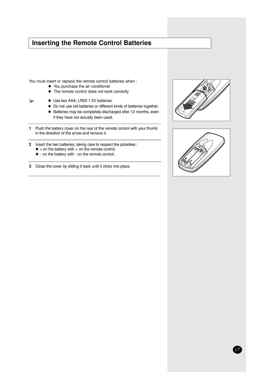 Samsung AW0890, AW0690, AW1290, AW1090 manual Inserting the Remote Control Batteries 