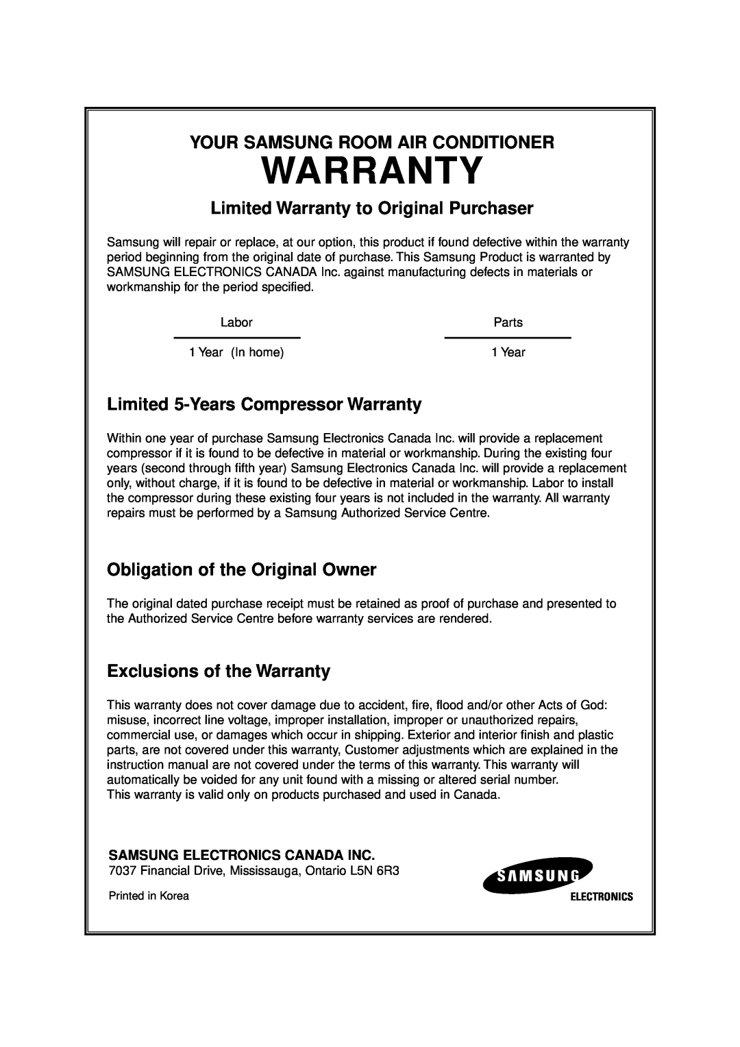 Samsung AW0690 Your Samsung Room Air Conditioner, Limited Warranty to Original Purchaser, Obligation of the Original Owner 