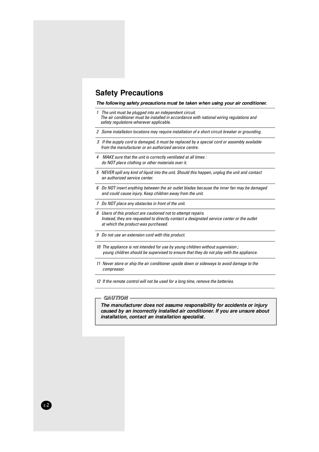Samsung AW1090, AW0690, AW1290, AW0890 manual Safety Precautions 