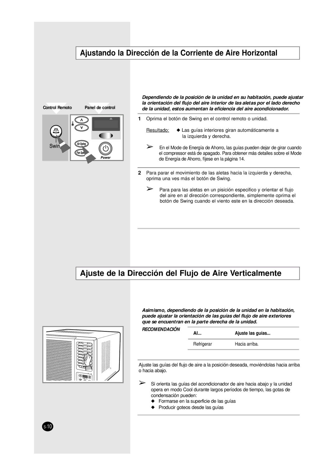 Samsung AW0690A, AW0790A, AW1290A, AW1090A, AW0890A manual Ajustando la Dirección de la Corriente de Aire Horizontal 