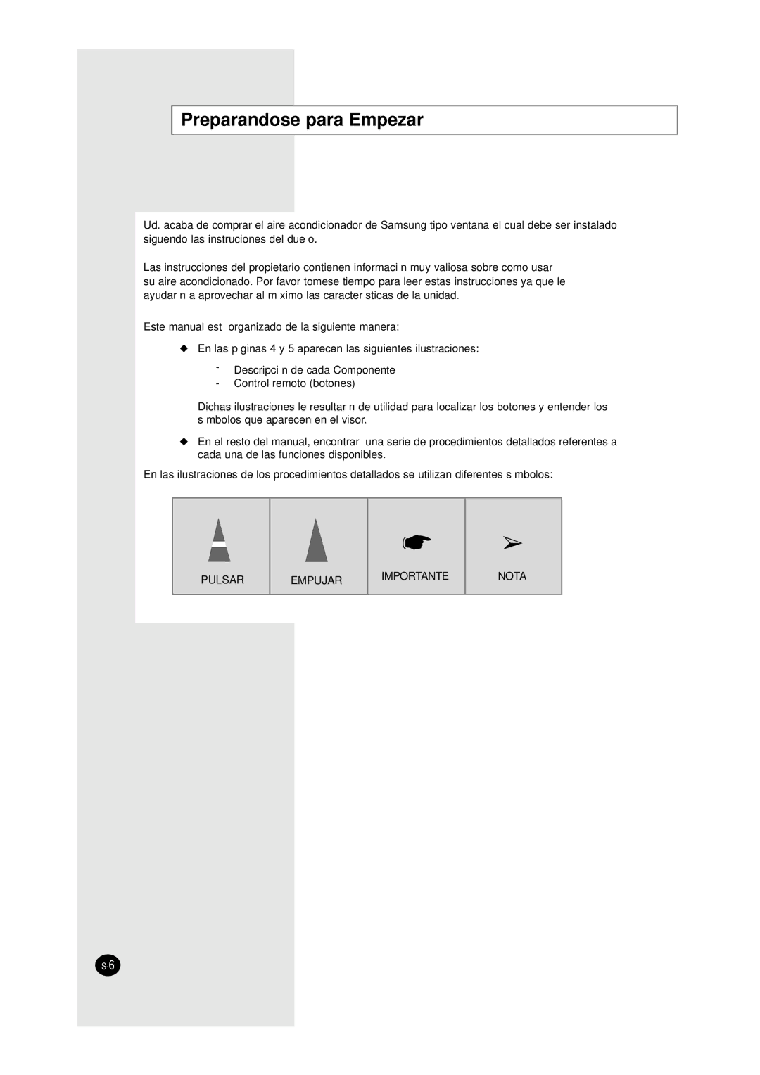 Samsung AW0790A, AW0690A, AW1290A, AW1090A, AW0890A manual Preparandose para Empezar 