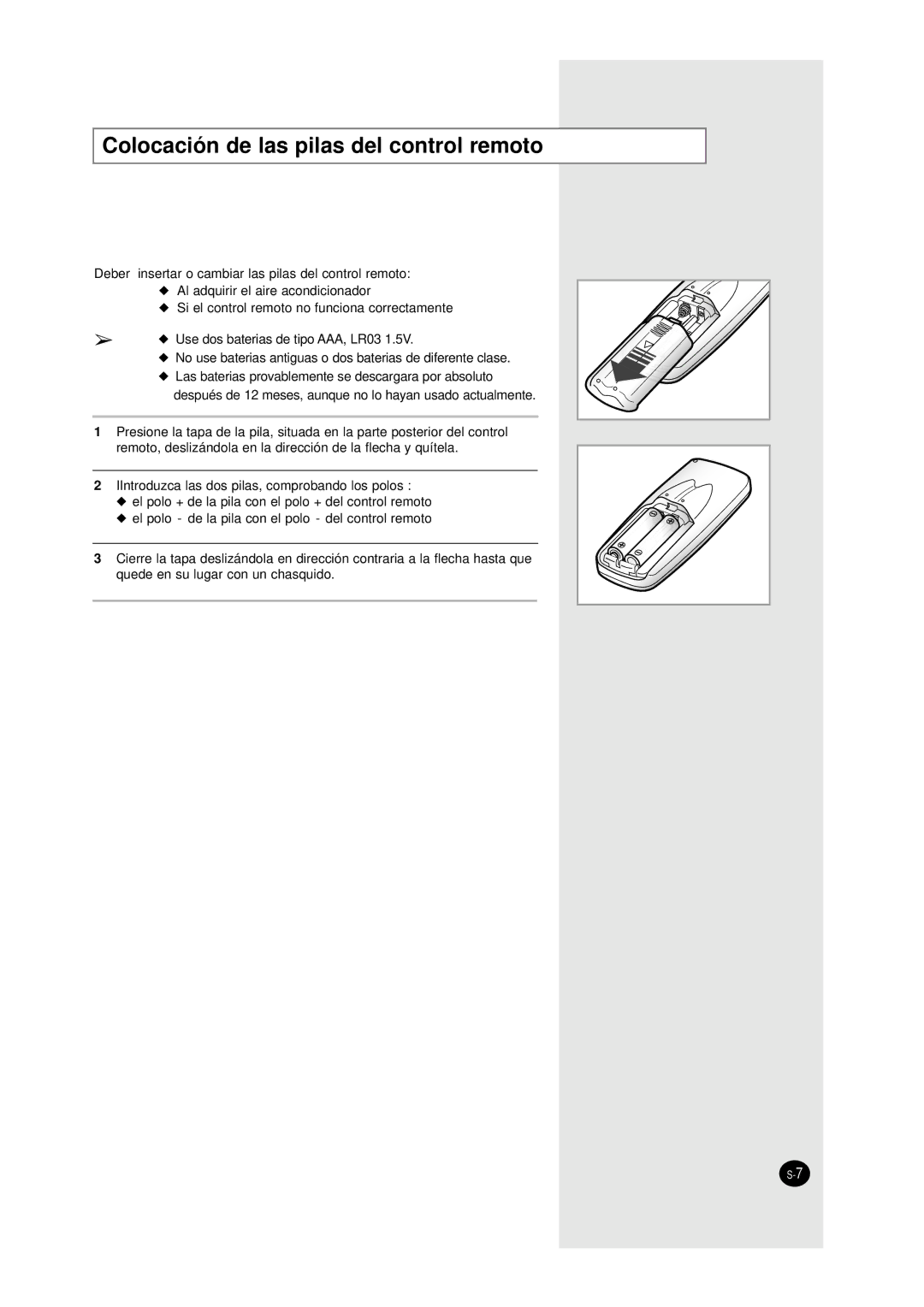 Samsung AW1290A, AW0690A, AW0790A, AW1090A, AW0890A manual Colocación de las pilas del control remoto 