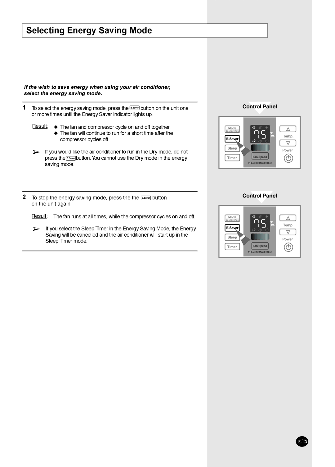 Samsung AW1093L, AW0693L, AW1893L, AW1293L, AW0893L, AW0593L manual Selecting Energy Saving Mode 