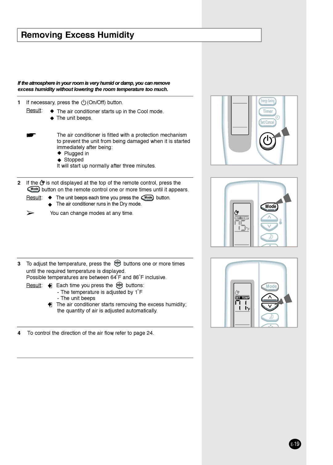 Samsung AW1893L, AW0693L, AW1293L, AW1093L, AW0893L, AW0593L manual Removing Excess Humidity 