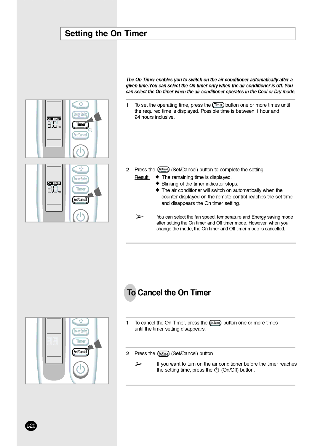 Samsung AW1293L, AW0693L, AW1893L, AW1093L, AW0893L, AW0593L manual Setting the On Timer, To Cancel the On Timer 