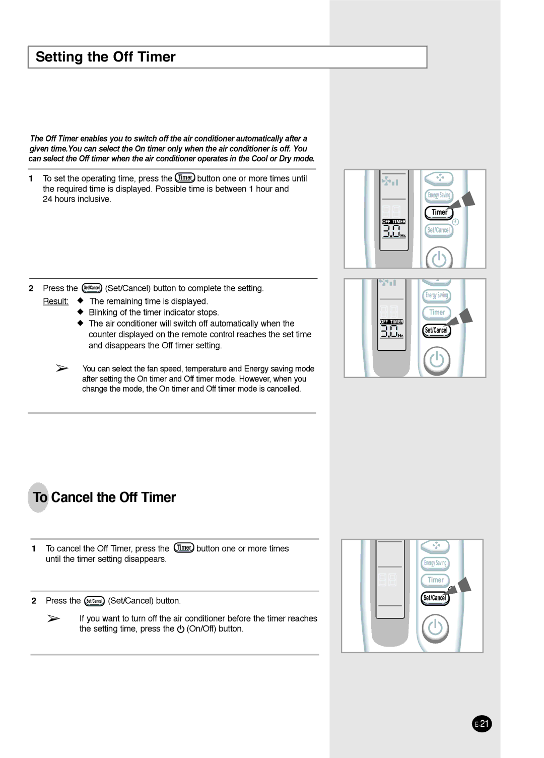 Samsung AW1093L, AW0693L, AW1893L, AW1293L, AW0893L, AW0593L manual Setting the Off Timer, To Cancel the Off Timer 