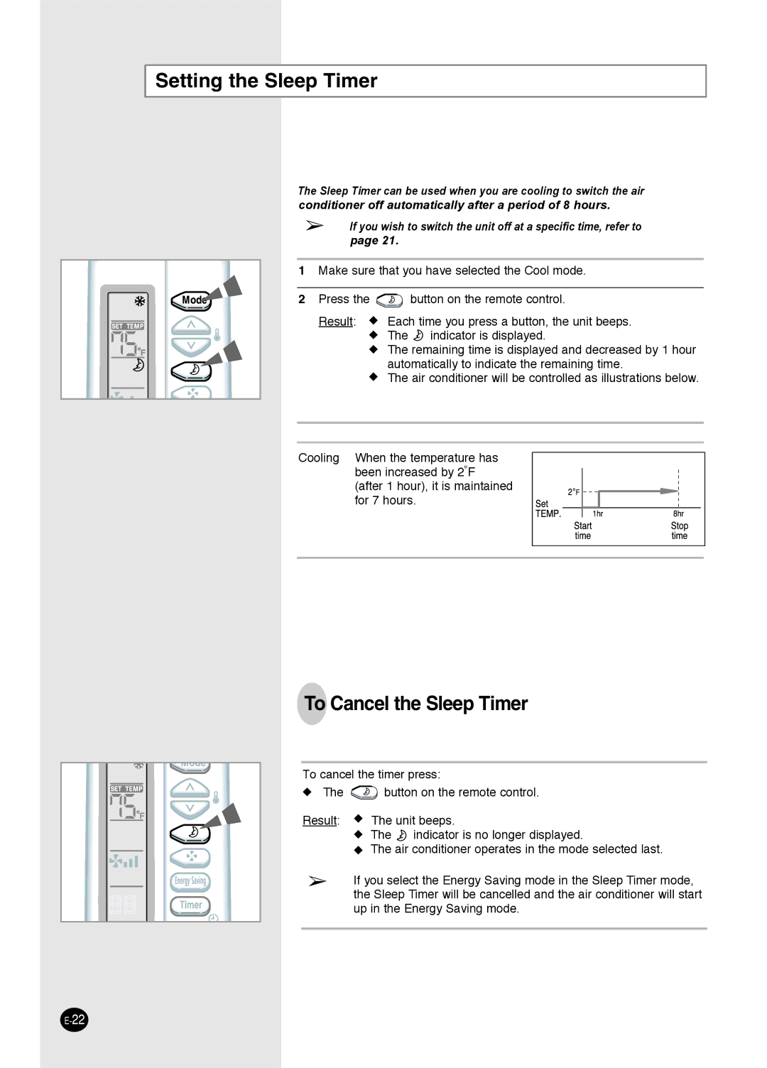 Samsung AW0893L, AW0693L, AW1893L, AW1293L, AW1093L, AW0593L manual Setting the Sleep Timer 