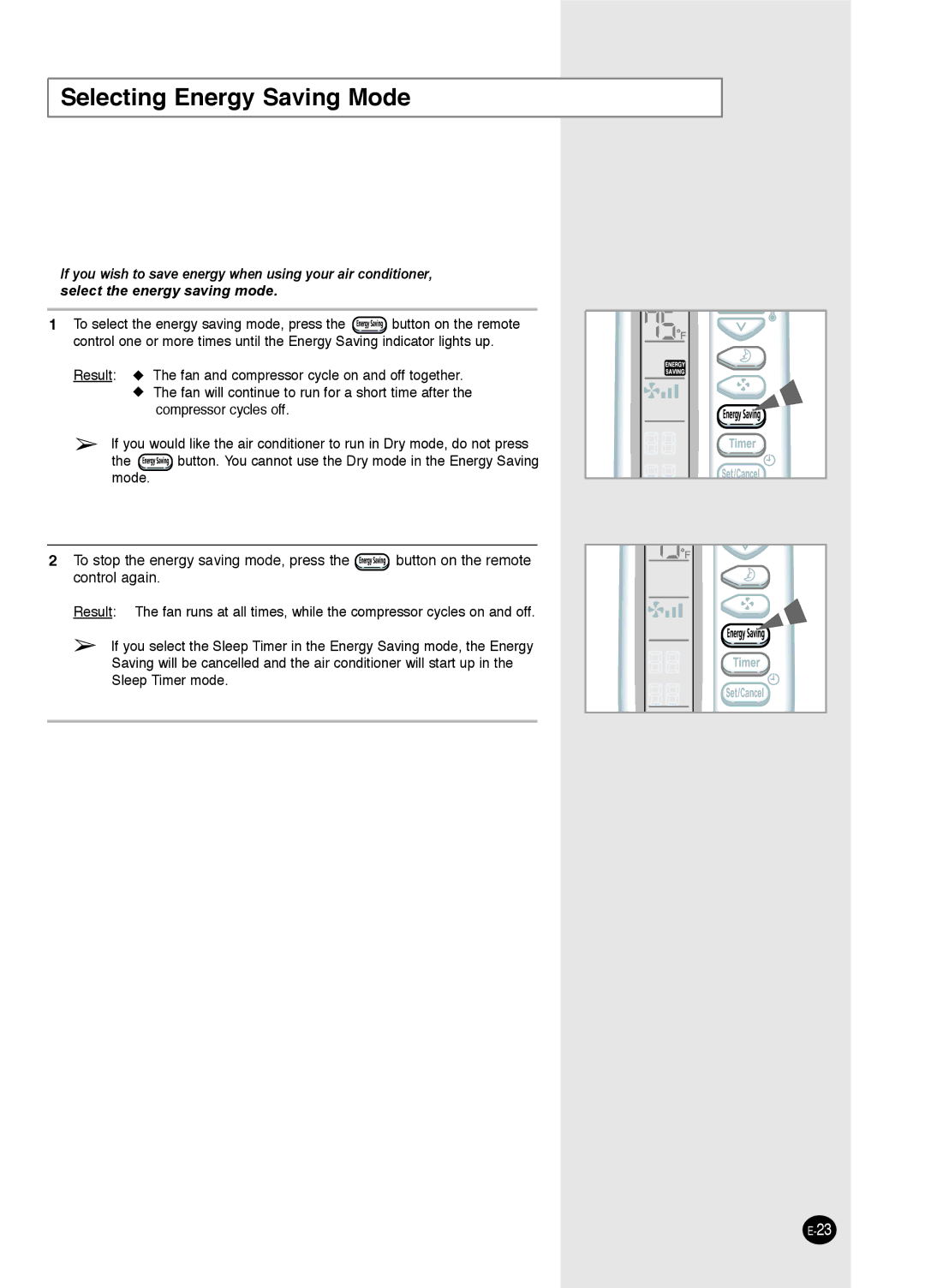 Samsung AW0593L, AW0693L, AW1893L, AW1293L, AW1093L, AW0893L manual Selecting Energy Saving Mode 