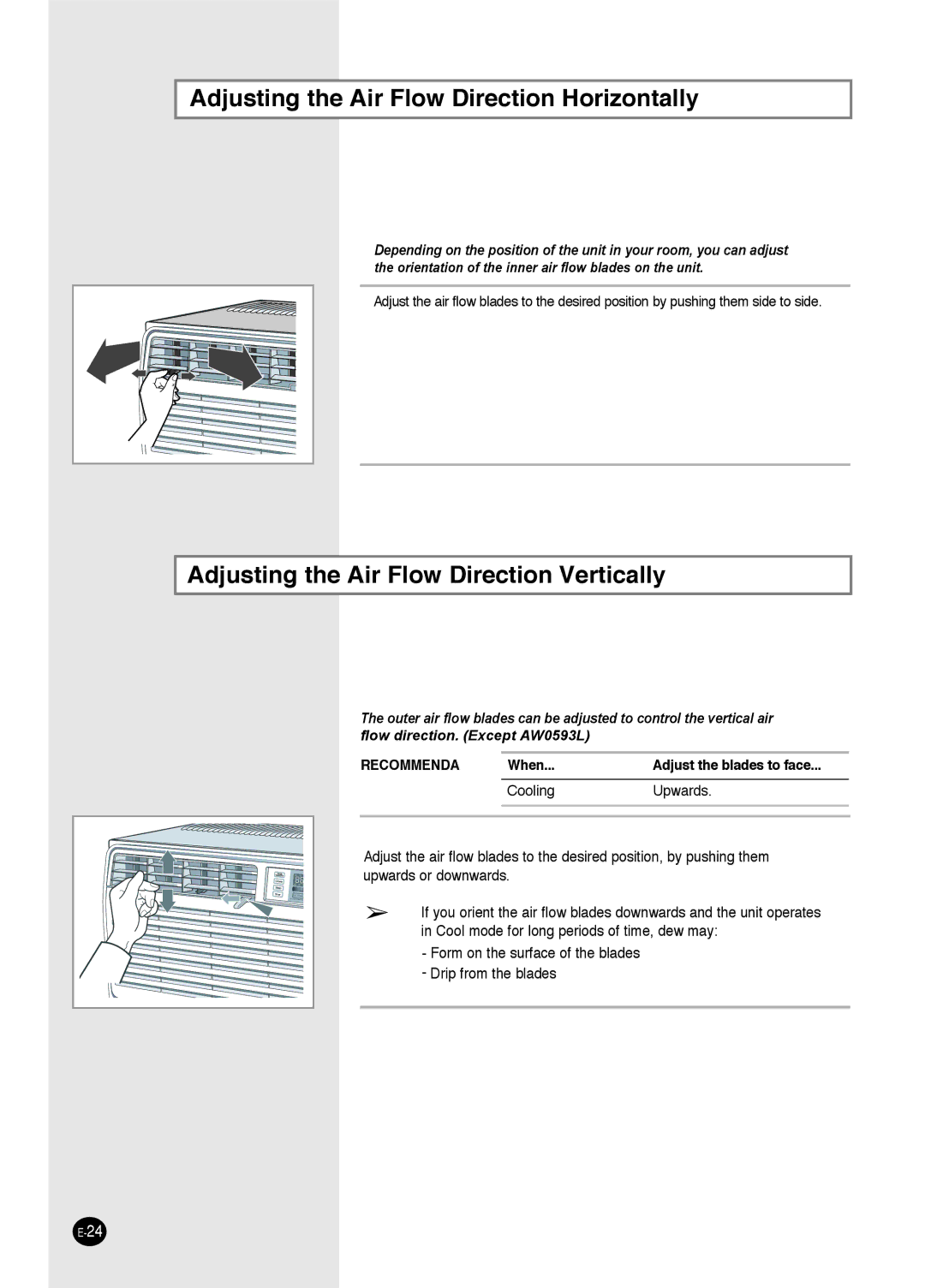 Samsung AW0693L, AW1893L manual Adjusting the Air Flow Direction Horizontally, Adjusting the Air Flow Direction Vertically 