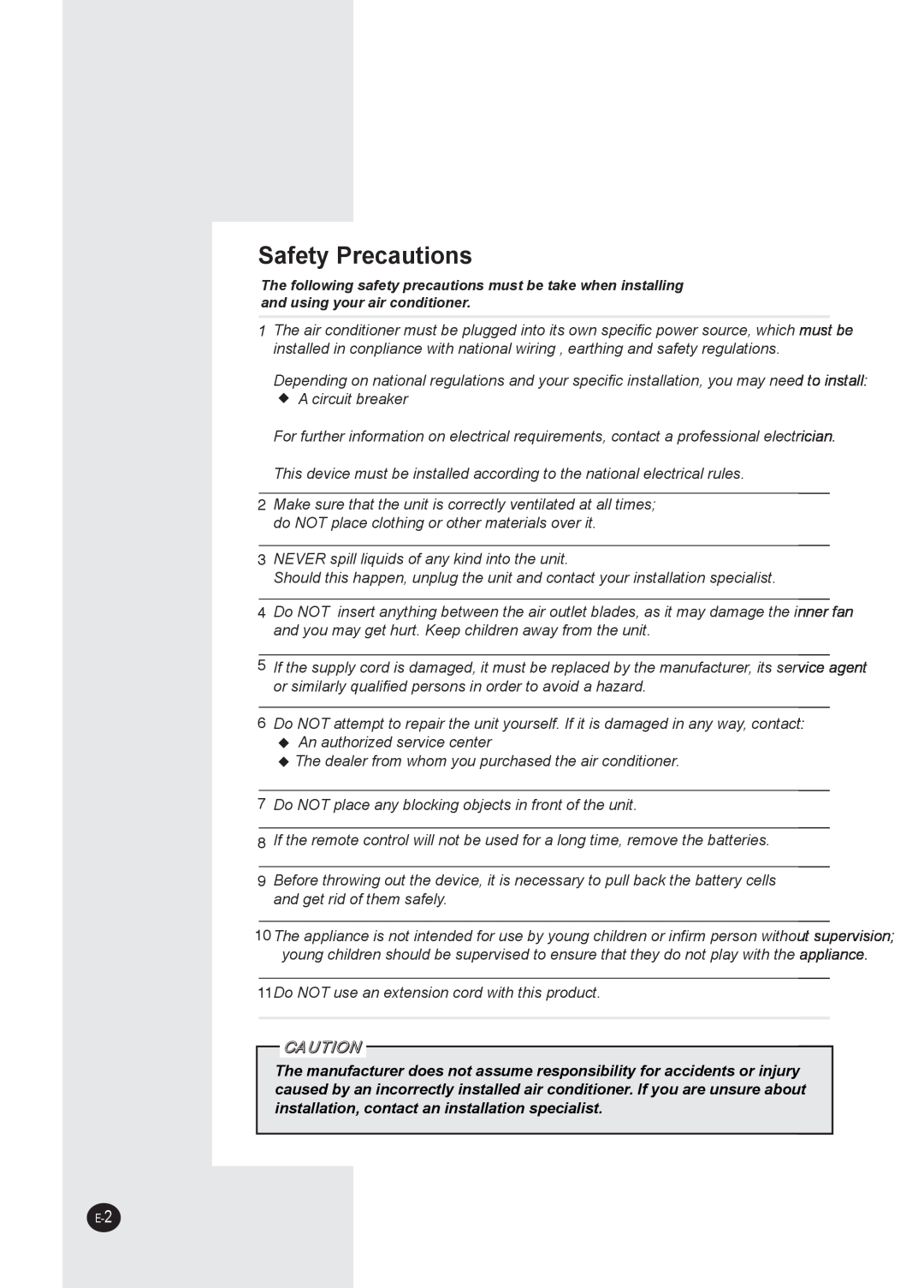 Samsung AW1293L, AW0693L, AW1893L, AW1093L, AW0893L, AW0593L manual Safety Precautions 