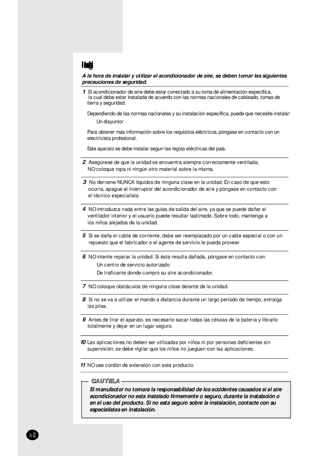 Samsung AW1403M, AW0693M, AW1203M, AW1803M, AW1293M, AW1093M, AW1003M, AW0893M, AW0803M manual Instrucciones de seguridad, Cautela 