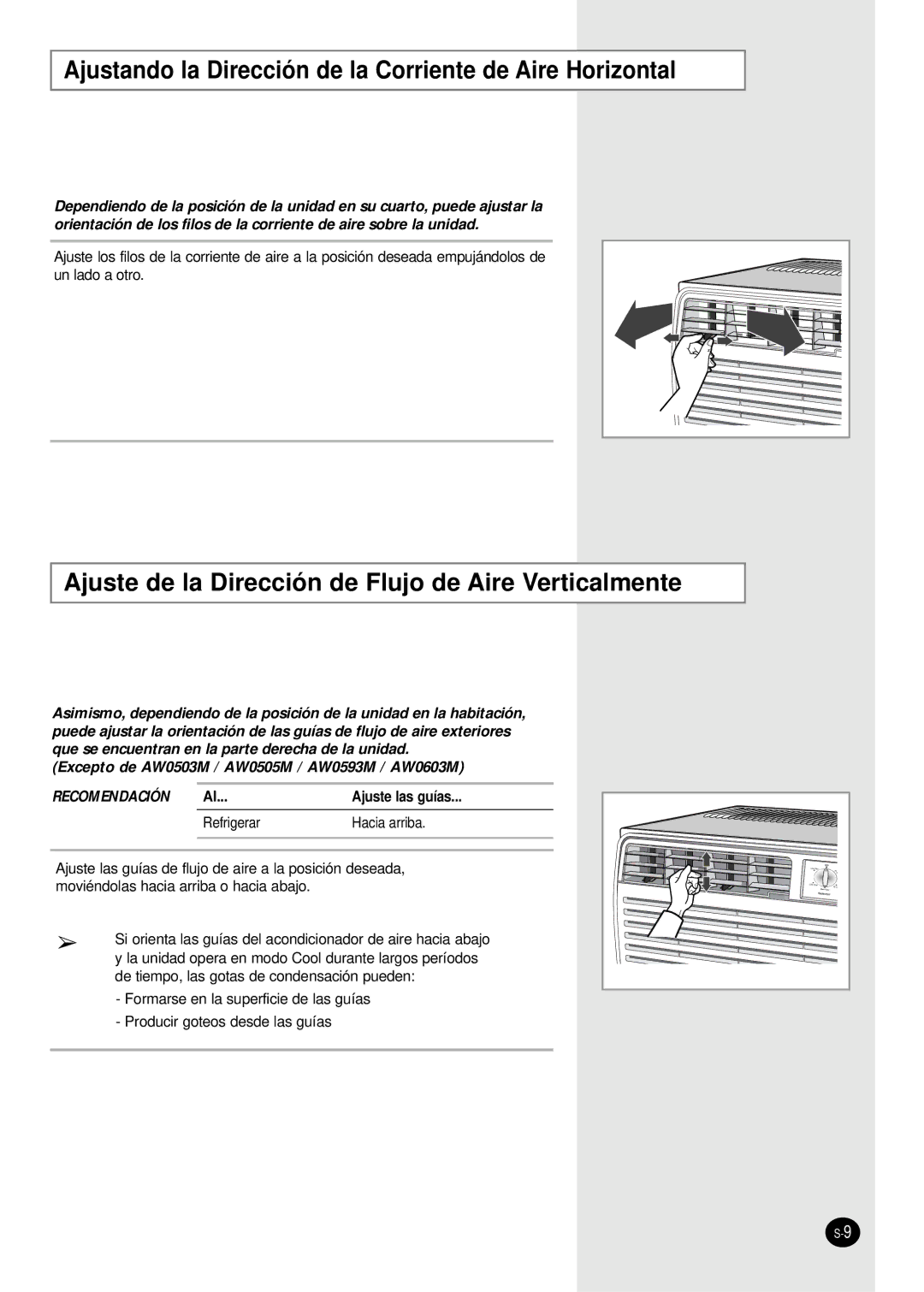 Samsung AW0593M, AW0693M, AW1203M, AW1403M manual Ajustando la Dirección de la Corriente de Aire Horizontal, Ajuste las guías 