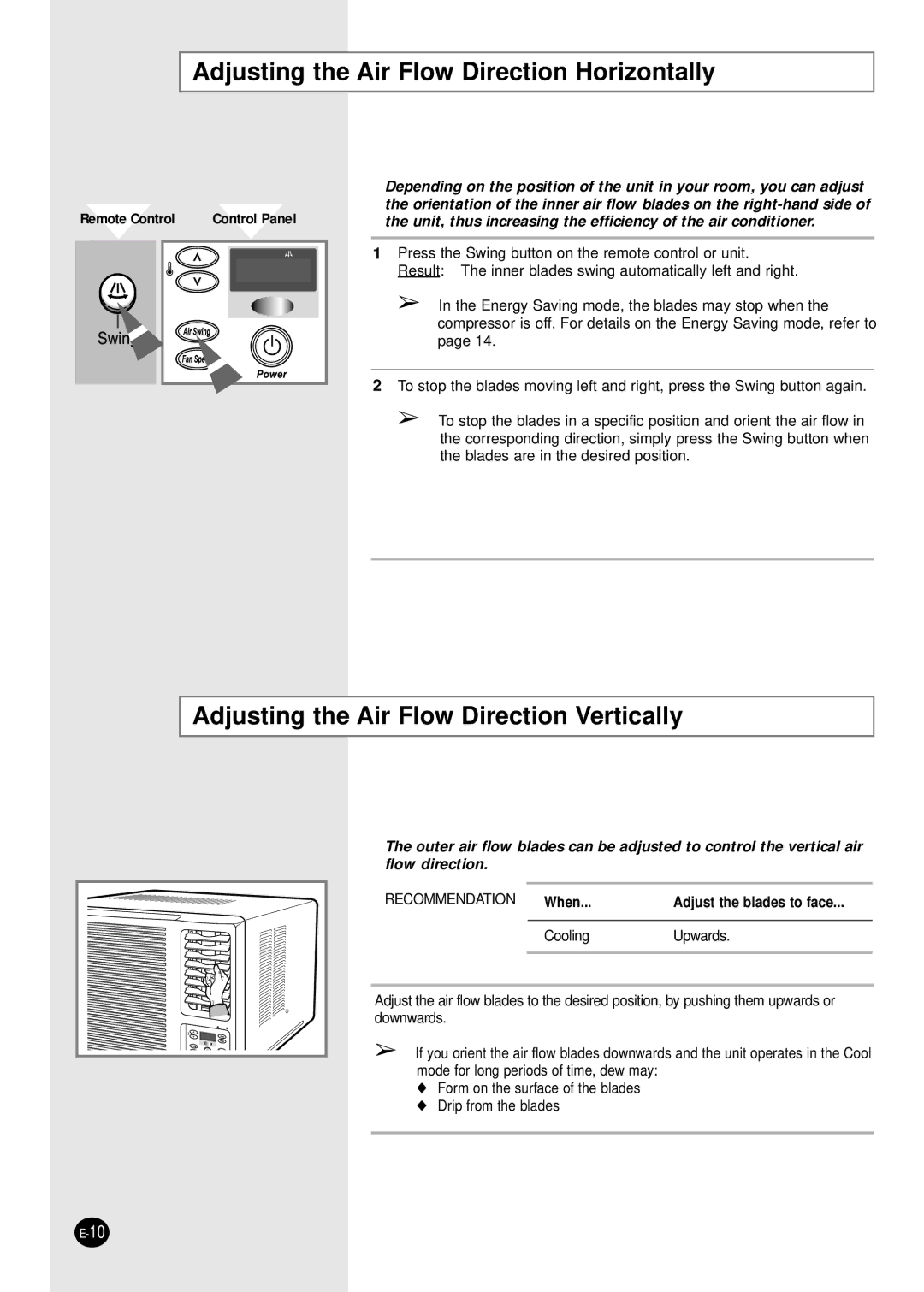 Samsung AW088AA, AW069AB manual Adjusting the Air Flow Direction Horizontally, Adjusting the Air Flow Direction Vertically 