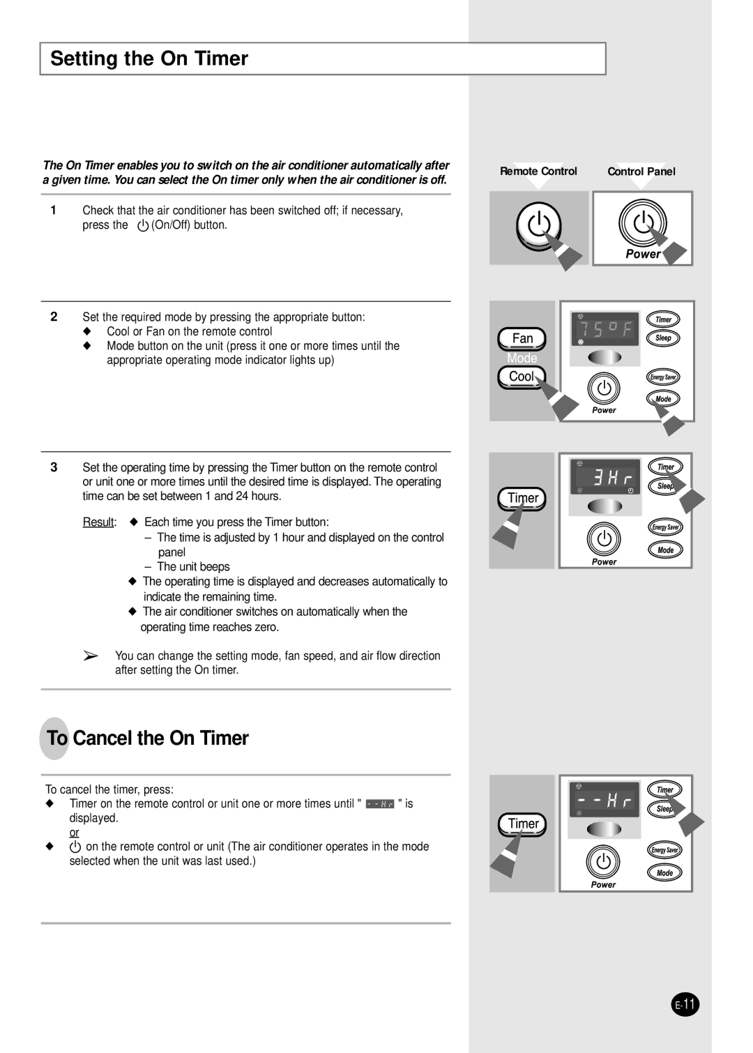 Samsung AW089AB, AW069AB, AW078AA, AW1880A, AW2480C, AW2490D, AW129AB, AW128AA manual Setting the On Timer, To Cancel the On Timer 